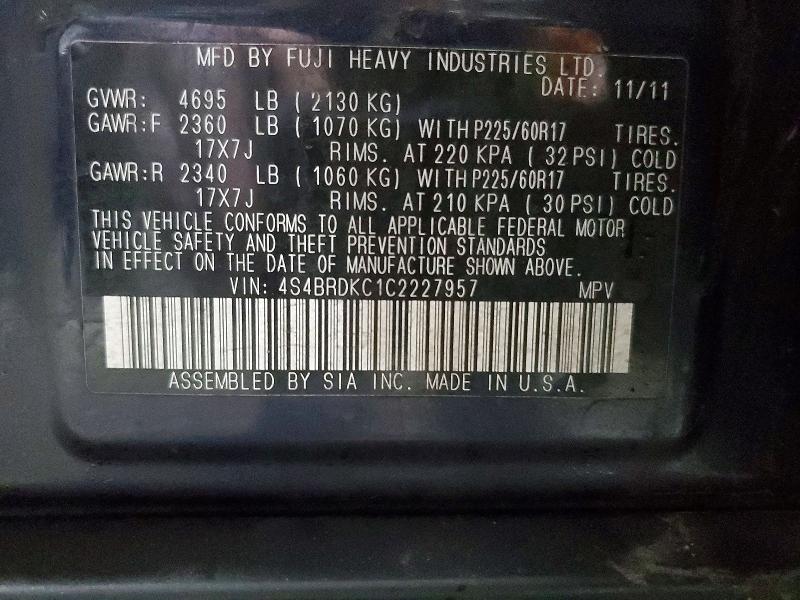 2012 Subaru Outback მანქანა იყიდება აუქციონზე, vin: 4S4BRDKC1C2227957, აუქციონის ნომერი: 51352326