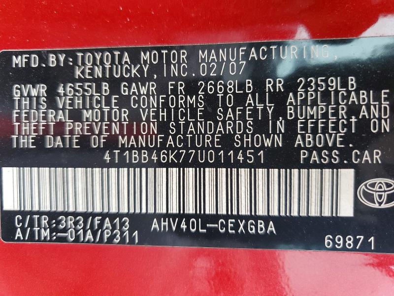 50664786 :رقم المزاد ، 4T1BB46K77U011451 vin ، 2007 Toyota Camry مزاد بيع