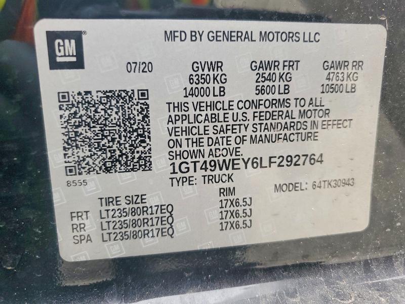 2020 Gmc Sierra მანქანა იყიდება აუქციონზე, vin: 1GT49WEY6LF292764, აუქციონის ნომერი: 50947576