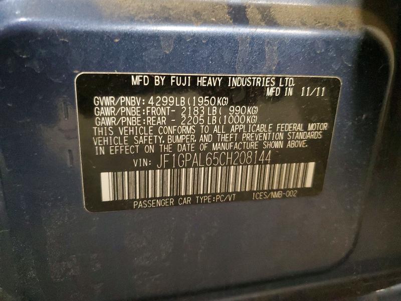 Aukcja sprzedaży 2012 Subaru Impreza, vin: JF1GPAL65CH208144, numer aukcji: 48979526