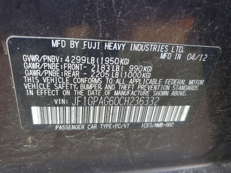 2012 Subaru Impreza მანქანა იყიდება აუქციონზე, vin: JF1GPAG60CH236332, აუქციონის ნომერი: 48331956