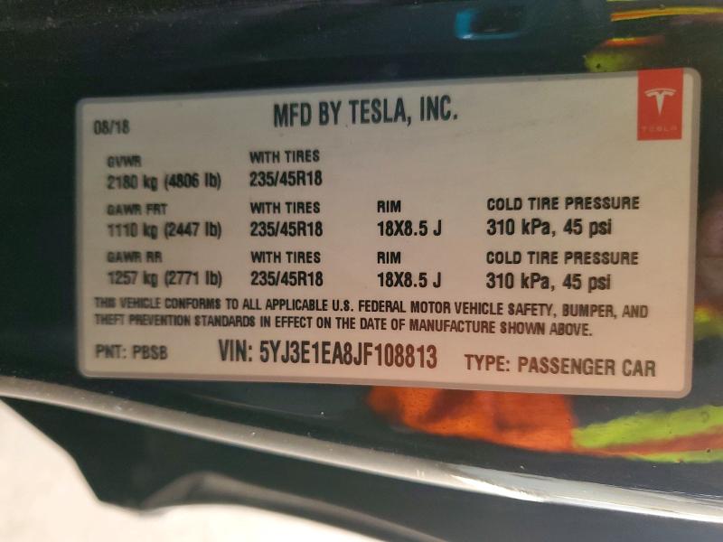 2018 Tesla Model 3 მანქანა იყიდება აუქციონზე, vin: 5YJ3E1EA8JF108813, აუქციონის ნომერი: 51846916