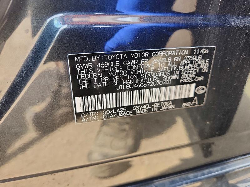 Aukcja sprzedaży 2007 Lexus Es, vin: JTHBJ46G672070701, numer aukcji: 50962836