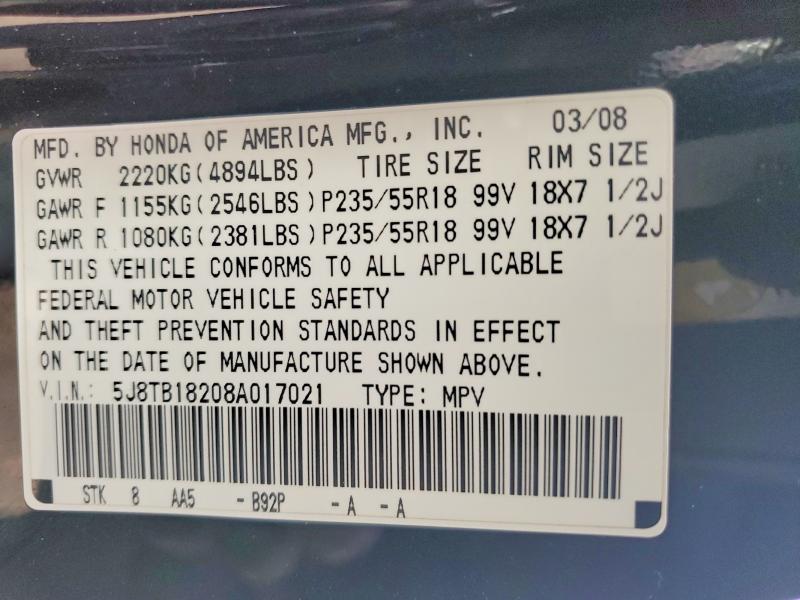 Продаж на аукціоні авто 2008 Acura Rdx, vin: 5J8TB18208A017021, номер лоту: 48067976