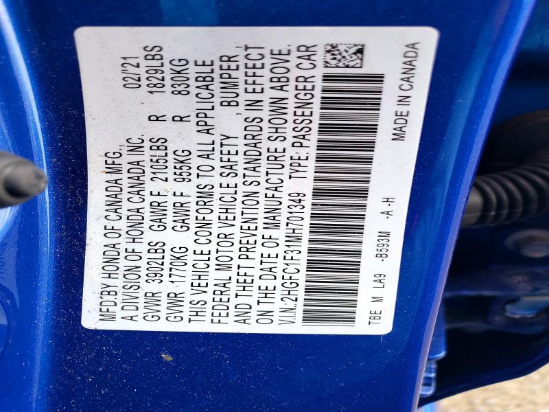 2021 Honda Civic მანქანა იყიდება აუქციონზე, vin: 2HGFC1F31MH701349, აუქციონის ნომერი: 50117606