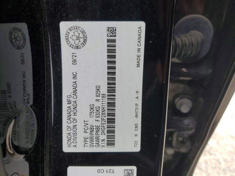 2022 Honda Civic მანქანა იყიდება აუქციონზე, vin: 2HGFE2F2XNH111188, აუქციონის ნომერი: 49571426