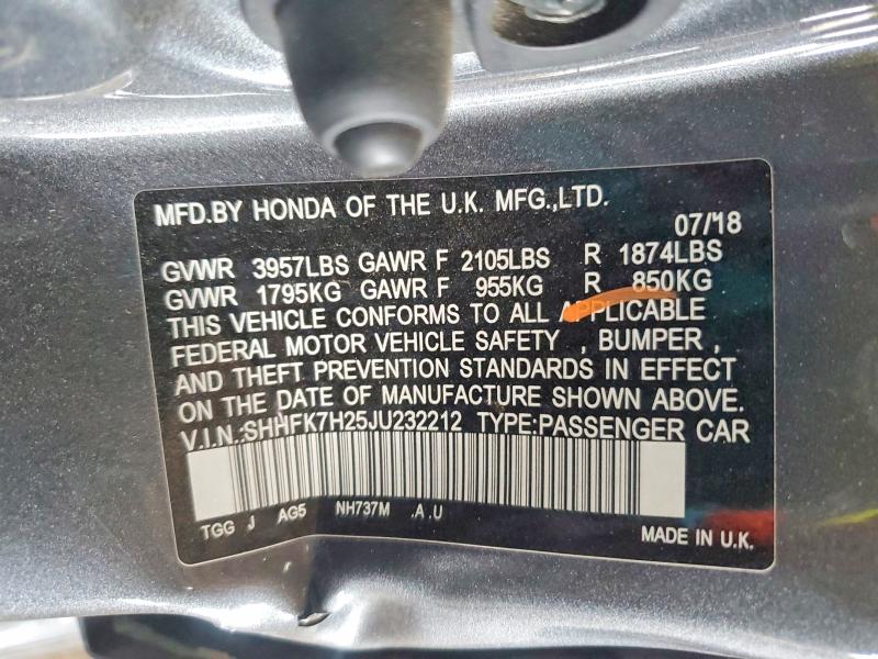 51010416 :رقم المزاد ، SHHFK7H25JU232212 vin ، 2018 Honda Civic مزاد بيع