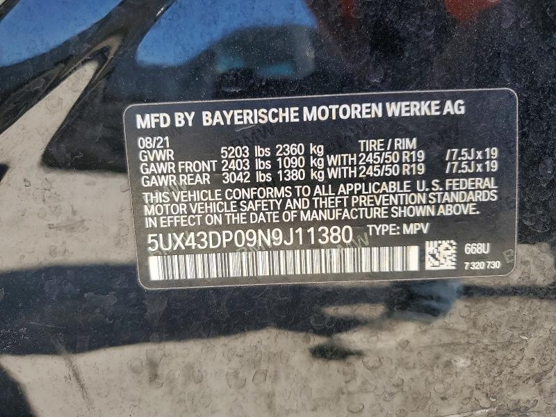2022 Bmw X3 მანქანა იყიდება აუქციონზე, vin: 5UX43DP09N9J11380, აუქციონის ნომერი: 49343256