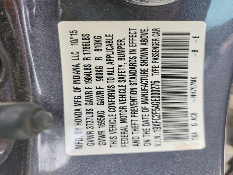 51348346 :رقم المزاد ، 19XFC2F54GE000276 vin ، 2016 Honda Civic مزاد بيع