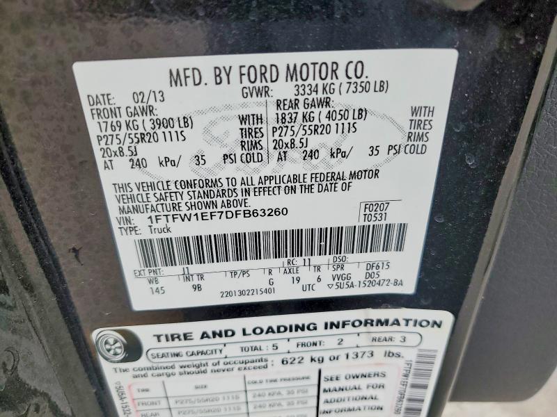 48793246 :رقم المزاد ، 1FTFW1EF7DFB63260 vin ، 2013 Ford F150 مزاد بيع