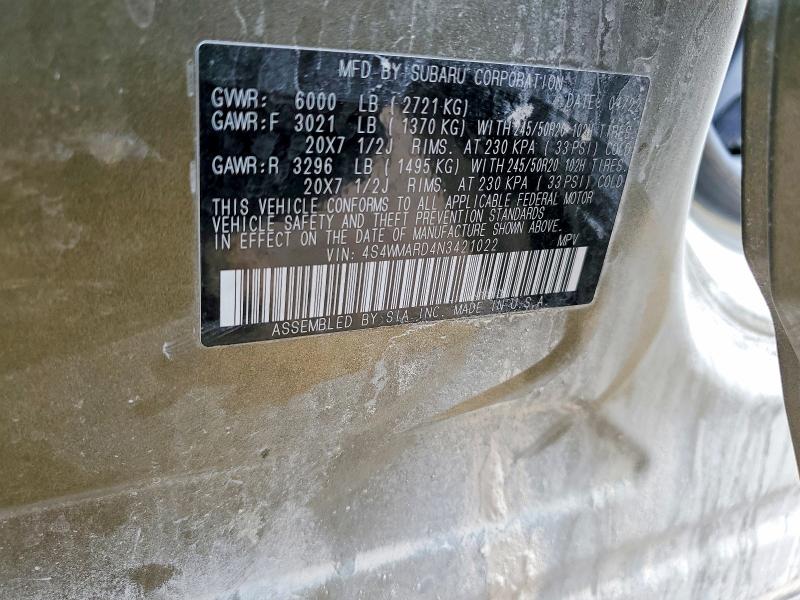 2022 Subaru Ascent მანქანა იყიდება აუქციონზე, vin: 4S4WMARD4N3421022, აუქციონის ნომერი: 48909276