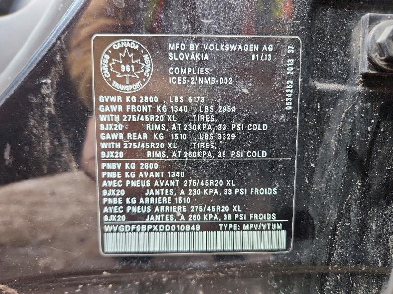 2013 Volkswagen Touareg მანქანა იყიდება აუქციონზე, vin: WVGDF9BPXDD010849, აუქციონის ნომერი: 49129146