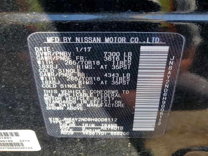 2017 Nissan Armada მანქანა იყიდება აუქციონზე, vin: JN8AY2ND6H9006112, აუქციონის ნომერი: 48684796