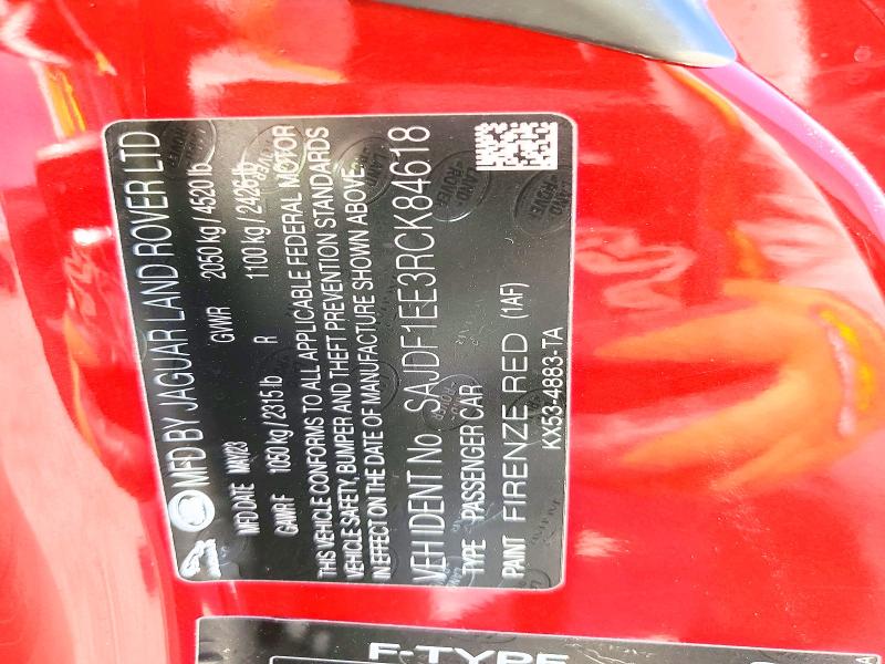 Aukcja sprzedaży 2024 Jaguar F-type, vin: SAJDF1EE3RCK84618, numer aukcji: 48820526
