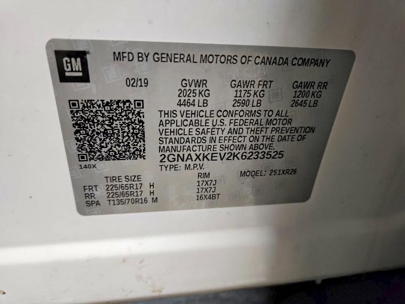 Продаж на аукціоні авто 2019 Chevrolet Equinox, vin: 2GNAXKEV2K6233525, номер лоту: 48857346
