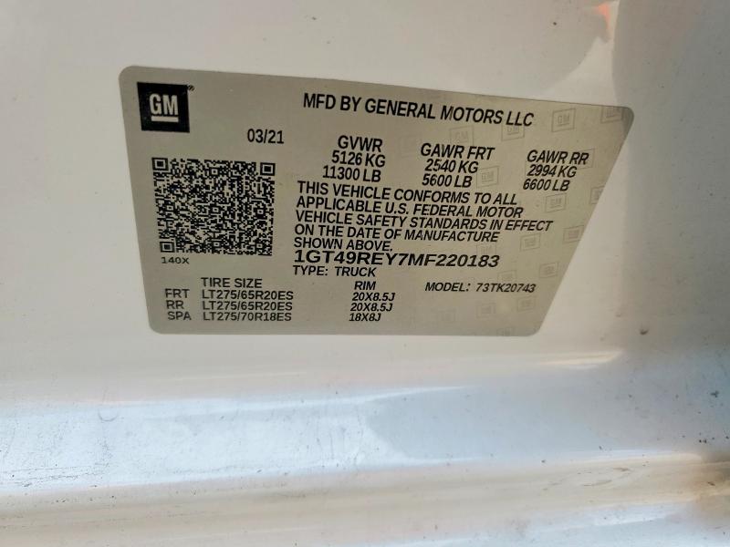2021 Gmc Sierra მანქანა იყიდება აუქციონზე, vin: 1GT49REY7MF220183, აუქციონის ნომერი: 49021166