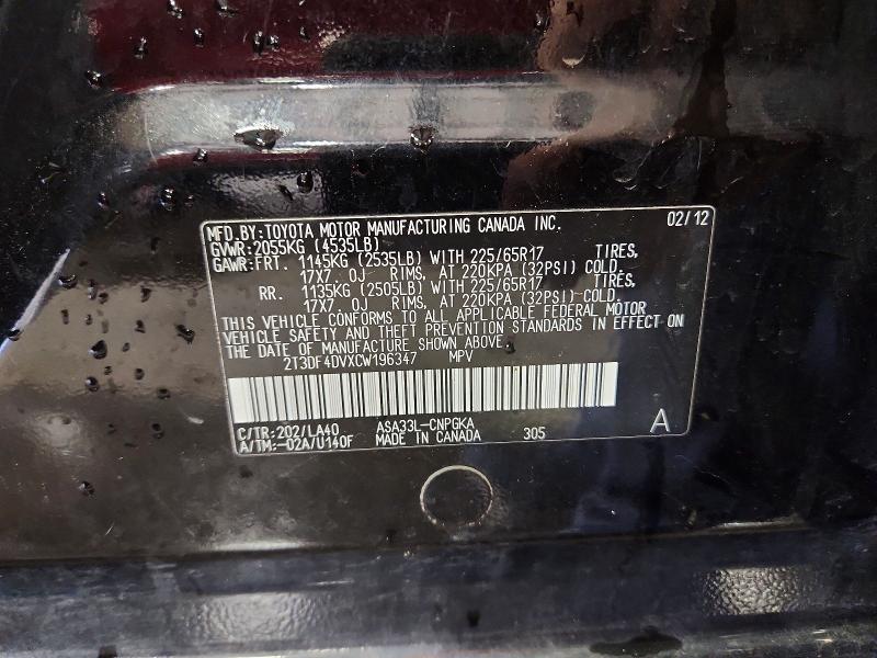 50281206 :رقم المزاد ، 2T3DF4DVXCW196347 vin ، 2012 Toyota Rav4 مزاد بيع