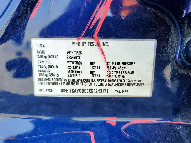 2025 Tesla Model Y მანქანა იყიდება აუქციონზე, vin: 7SAYGDEEXSF243171, აუქციონის ნომერი: 48809556
