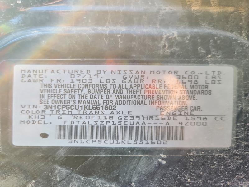 2019 Nissan Kicks მანქანა იყიდება აუქციონზე, vin: 3N1CP5CU1KL551602, აუქციონის ნომერი: 50565086