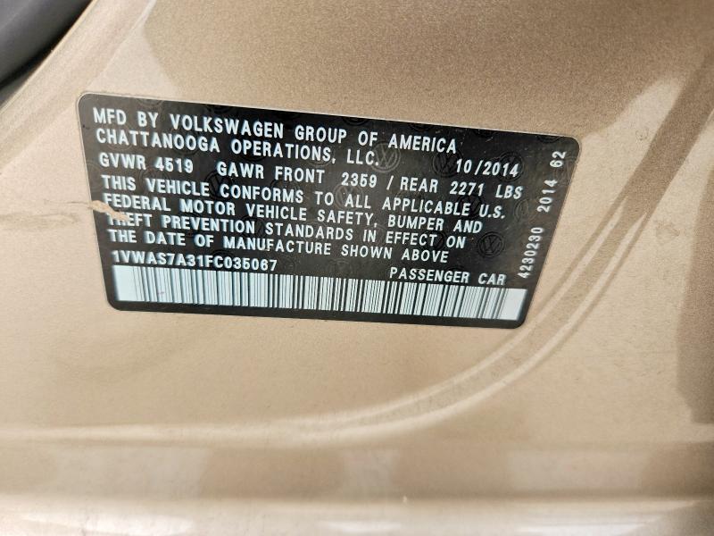 51639316 :رقم المزاد ، 1VWAS7A31FC035067 vin ، 2015 Volkswagen Passat مزاد بيع