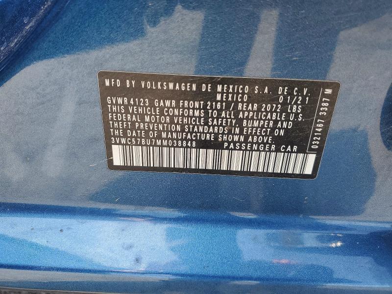 2021 Volkswagen Jetta მანქანა იყიდება აუქციონზე, vin: 3VWC57BU7MM038848, აუქციონის ნომერი: 49338906