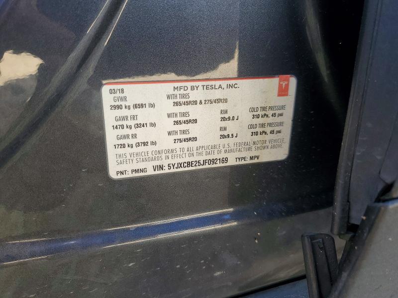 2018 Tesla Model X მანქანა იყიდება აუქციონზე, vin: 5YJXCBE25JF092169, აუქციონის ნომერი: 49979756