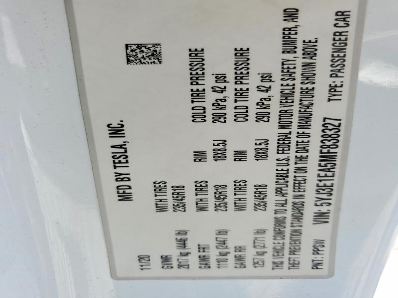 Aukcja sprzedaży 2021 Tesla Model 3, vin: 5YJ3E1EA5MF838327, numer aukcji: 48704936