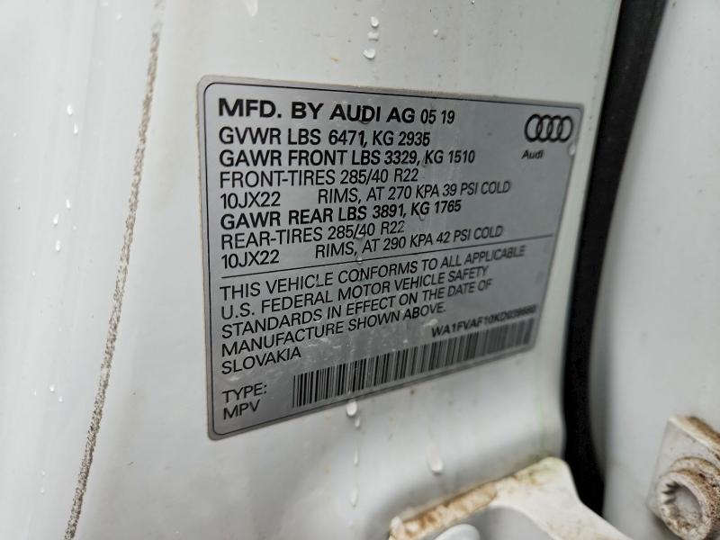 2019 Audi Q8 მანქანა იყიდება აუქციონზე, vin: WA1FVAF10KD039680, აუქციონის ნომერი: 49794346