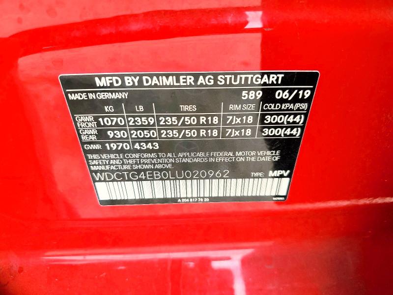 51358096 :رقم المزاد ، WDCTG4EB0LU020962 vin ، 2020 Mercedes-benz Gla مزاد بيع