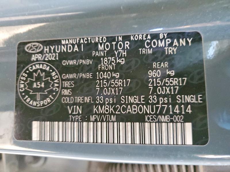 Aukcja sprzedaży 2022 Hyundai Kona, vin: KM8K2CAB0NU771414, numer aukcji: 51425806