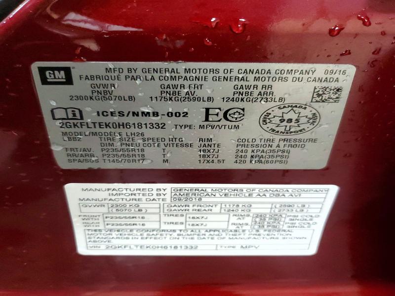 Aukcja sprzedaży 2017 Gmc Terrain, vin: 2GKFLTEK0H6181332, numer aukcji: 51363946