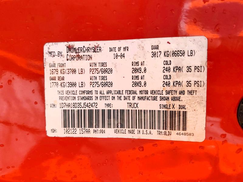 2005 Dodge Ram 1500 მანქანა იყიდება აუქციონზე, vin: 1D7HA18D35J542472, აუქციონის ნომერი: 49841516