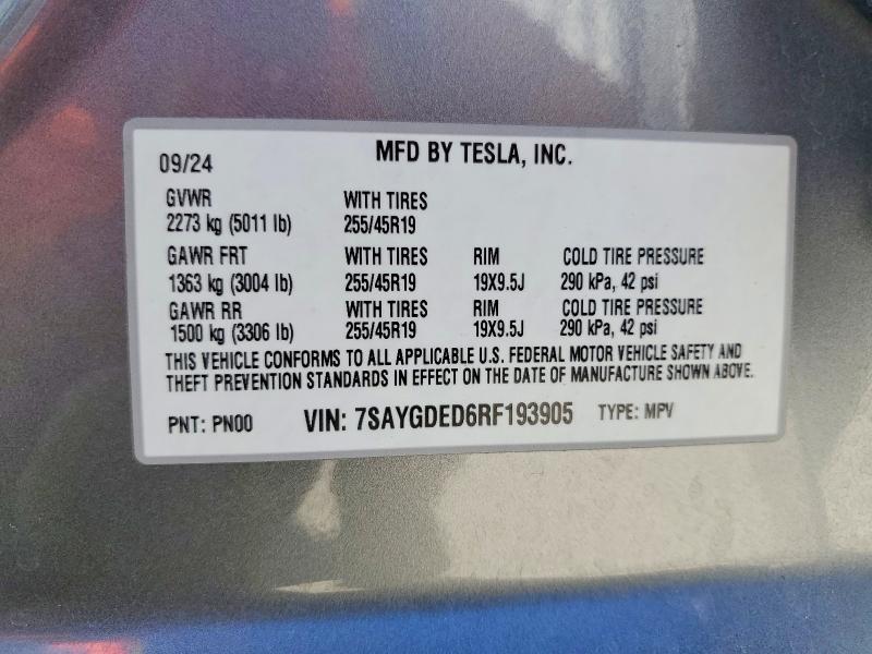 Продаж на аукціоні авто 2024 Tesla Model Y, vin: 7SAYGDED6RF193905, номер лоту: 51069796
