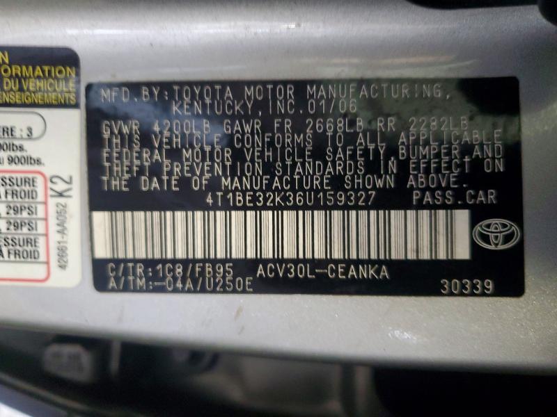 2006 Toyota Camry მანქანა იყიდება აუქციონზე, vin: 4T1BE32K36U159327, აუქციონის ნომერი: 49727106