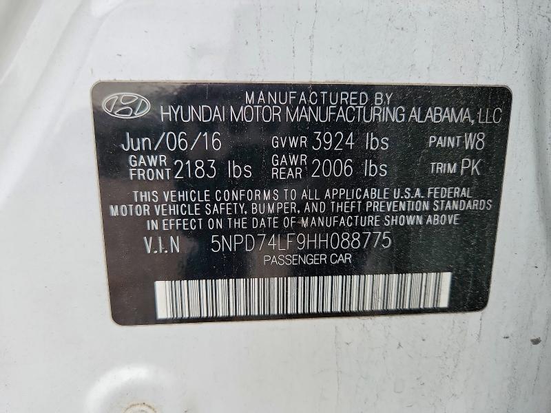 51005016 :رقم المزاد ، 5NPD74LF9HH088775 vin ، 2017 Hyundai Elantra مزاد بيع