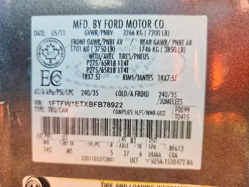 2011 Ford F150 მანქანა იყიდება აუქციონზე, vin: 1FTFW1ETXBFB78922, აუქციონის ნომერი: 49043396