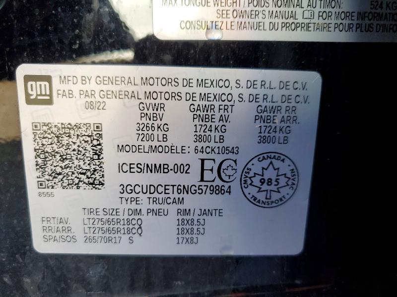 2022 Chevrolet Silverado მანქანა იყიდება აუქციონზე, vin: 3GCUDCET6NG579864, აუქციონის ნომერი: 50781516