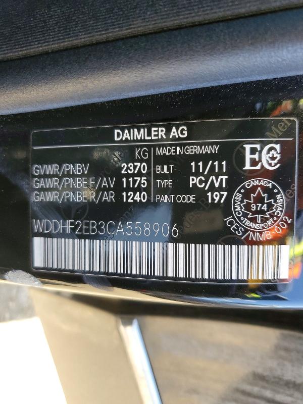 51364436 :رقم المزاد ، WDDHF2EB3CA558906 vin ، 2012 Mercedes-benz E350 مزاد بيع