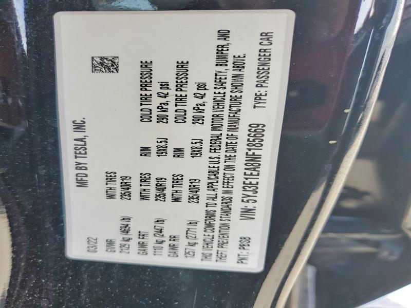 49926086 :رقم المزاد ، 5YJ3E1EA8NF185669 vin ، 2022 Tesla Model 3 مزاد بيع