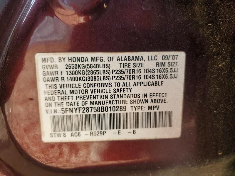 2008 Honda Pilot მანქანა იყიდება აუქციონზე, vin: 5FNYF28758B010289, აუქციონის ნომერი: 50310466