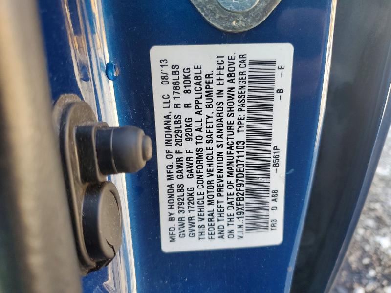 51483556 :رقم المزاد ، 19XFB2F97DE071103 vin ، 2013 Honda Civic مزاد بيع