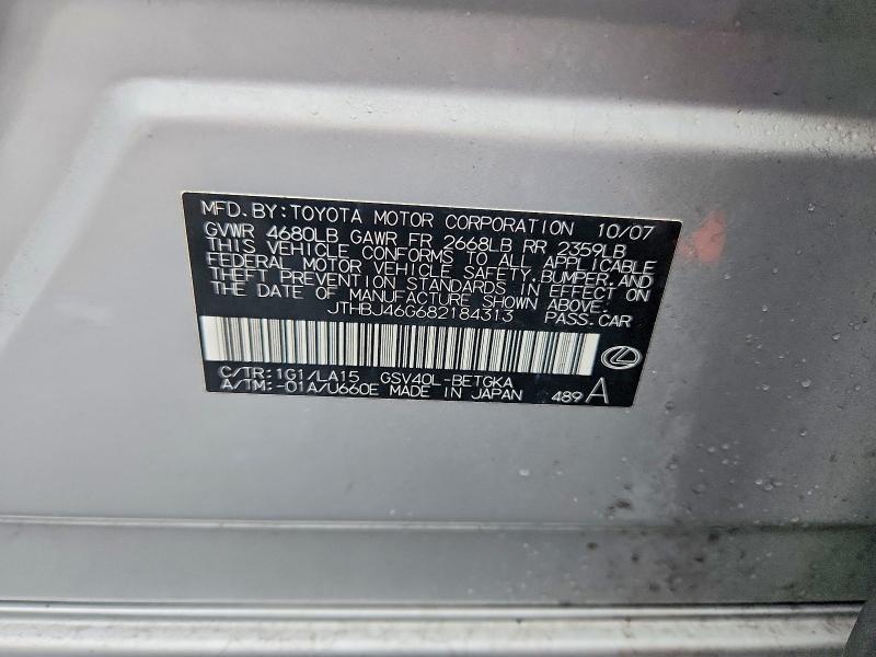 2008 Lexus Es 350 მანქანა იყიდება აუქციონზე, vin: JTHBJ46G682184313, აუქციონის ნომერი: 48202206