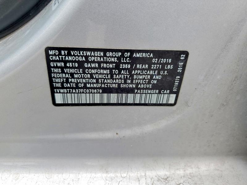 2015 Volkswagen Passat მანქანა იყიდება აუქციონზე, vin: 1VWBT7A37FC070679, აუქციონის ნომერი: 52001206