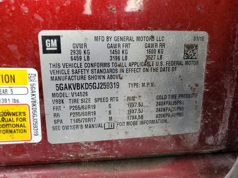 2016 Buick Enclave მანქანა იყიდება აუქციონზე, vin: 5GAKVBKD5GJ259319, აუქციონის ნომერი: 49717376