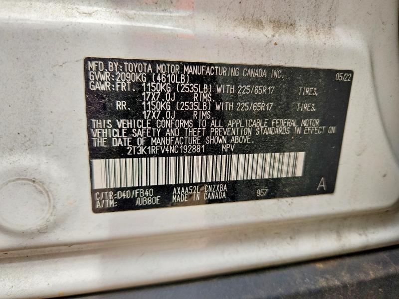 2022 Toyota Rav4 მანქანა იყიდება აუქციონზე, vin: 2T3K1RFV4NC192881, აუქციონის ნომერი: 51104216