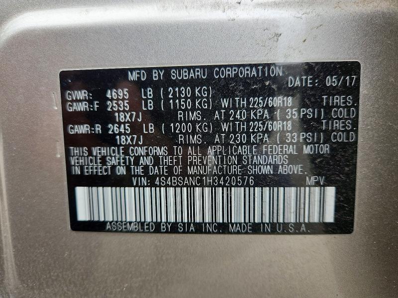 Aukcja sprzedaży 2017 Subaru Outback, vin: 4S4BSANC1H3420576, numer aukcji: 51320626
