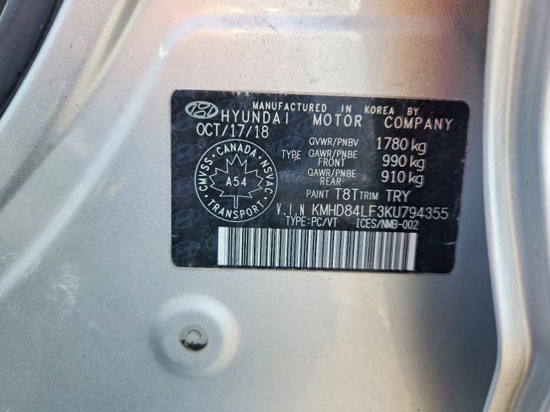 Aukcja sprzedaży 2019 Hyundai Elantra, vin: KMHD84LF3KU794355, numer aukcji: 78810885