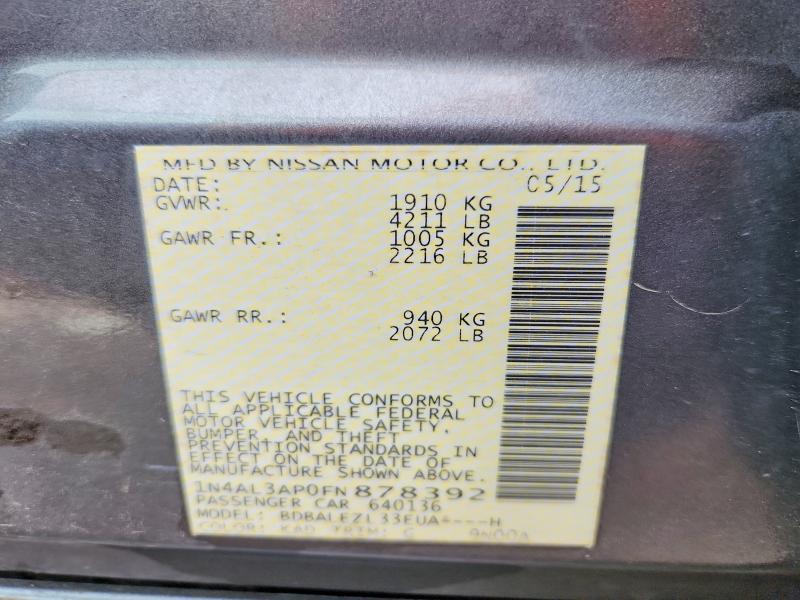 2015 Nissan Altima მანქანა იყიდება აუქციონზე, vin: 1N4AL3AP0FN878392, აუქციონის ნომერი: 51284926