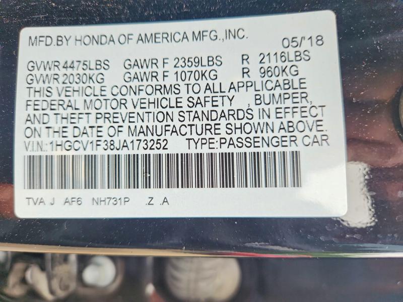 51543356 :رقم المزاد ، 1HGCV1F38JA173252 vin ، 2018 Honda Accord مزاد بيع