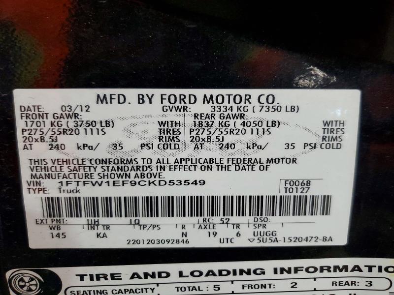 Продаж на аукціоні авто 2012 Ford F150, vin: 1FTFW1EF9CKD53549, номер лоту: 50462876
